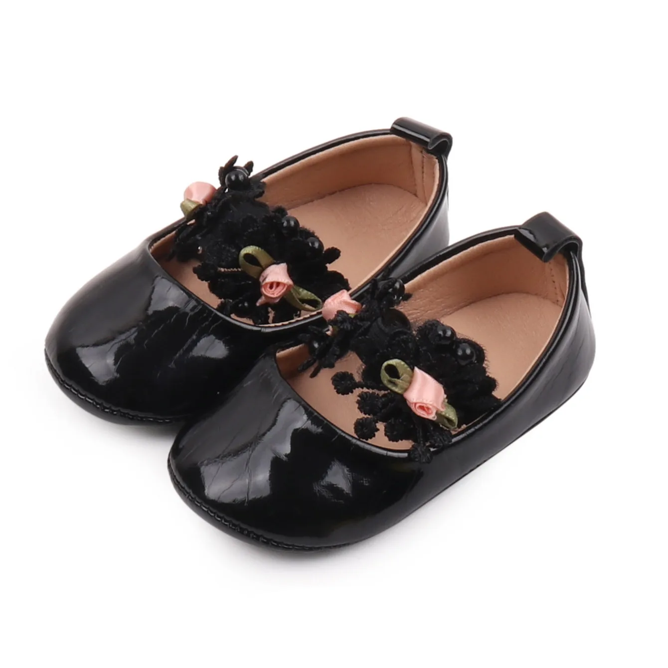 Baby Girls Solid Color Princess Design with Lace Flower and Elastic Band Breathable Toddler Shoes details