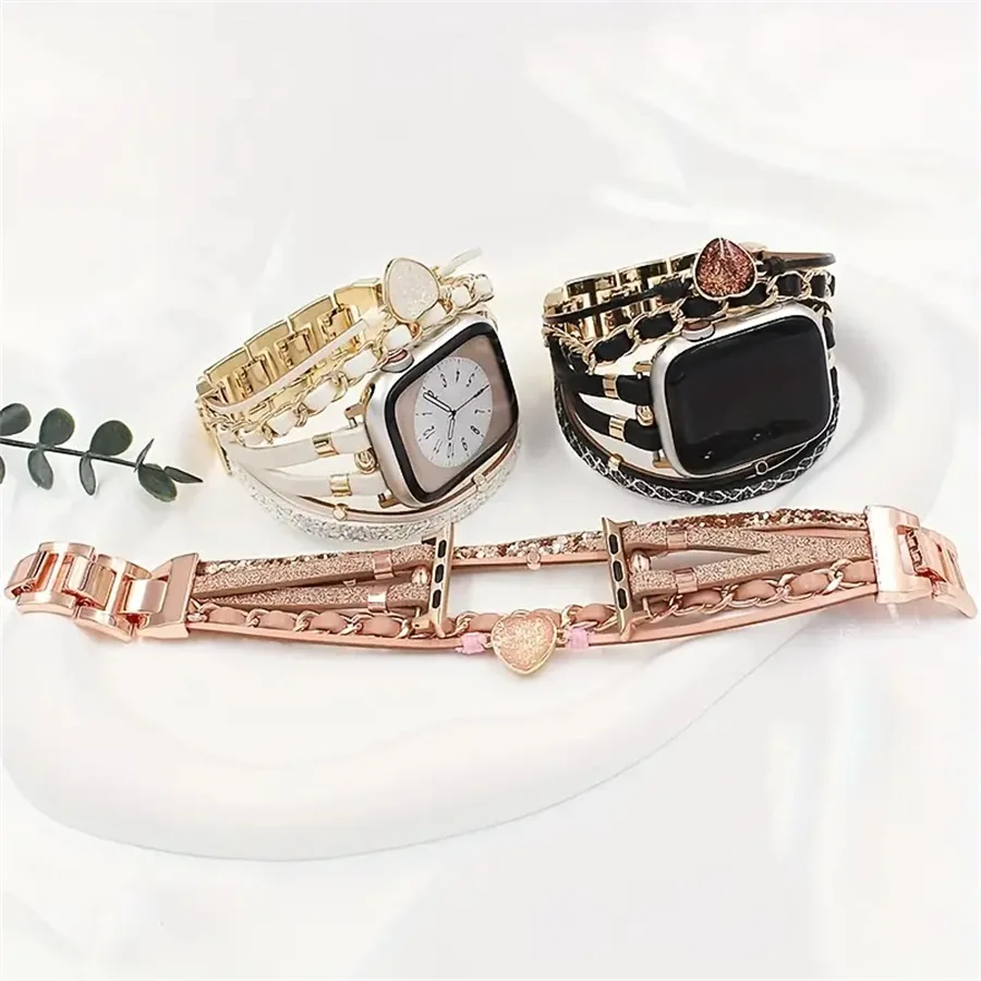 Bohemian Leather Chain Bracelet For iWatch 9/8/7/6 Fashion Luxury Women Heart Diamond Glitter Watch Straps For Apple Watch 49/45