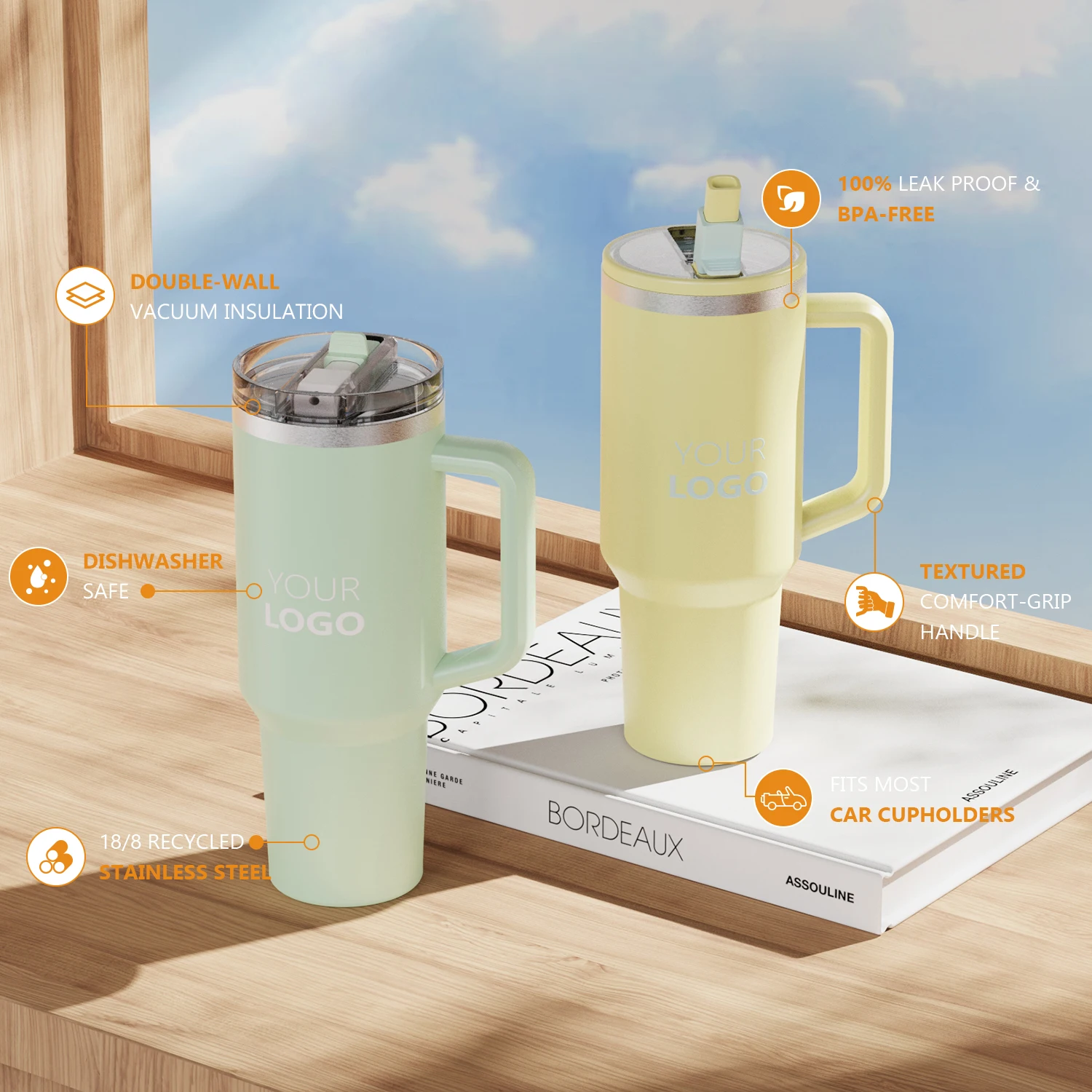 New Arrival Food Contact Stainless Steel 40oz Practicality Leak Proof Tumblers Travel Cups With Patent Lid Handle manufacture