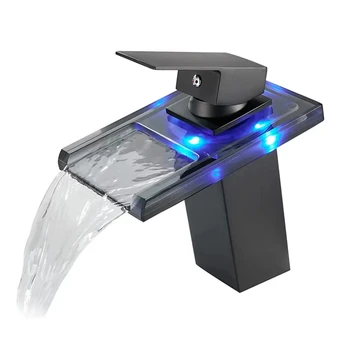 LED Color Changing Glass Faucet Bathroom Vanity Faucet Color Deck Installation Sink Glass Brass Waterfall Faucet