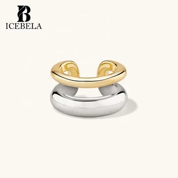 ICEBELA 18k Gold Plated Fine Jewelry Two Tone Ear Clip Chunky Smooth Double Layer Ear Cuff 925 Sterling Silver Earring for Women
