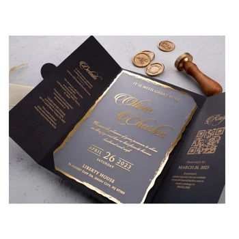 Luxury Hardcover Folio Wedding Invite Gold Foil Transparent Wedding Invitations Greeting Cards With Black Envelope