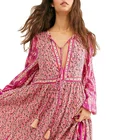 Bohemian Long Bohemian Style Women Casual Long Sleeve Tassel Neck Tie Loose Maxi Dresses