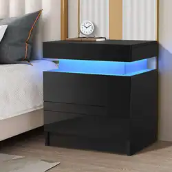 NOVA Mesa De Noche Bluetooth Smart Bedside Table With Wireless Charger High Gloss 2 Drawer Bedroom Nightstand With LED Light