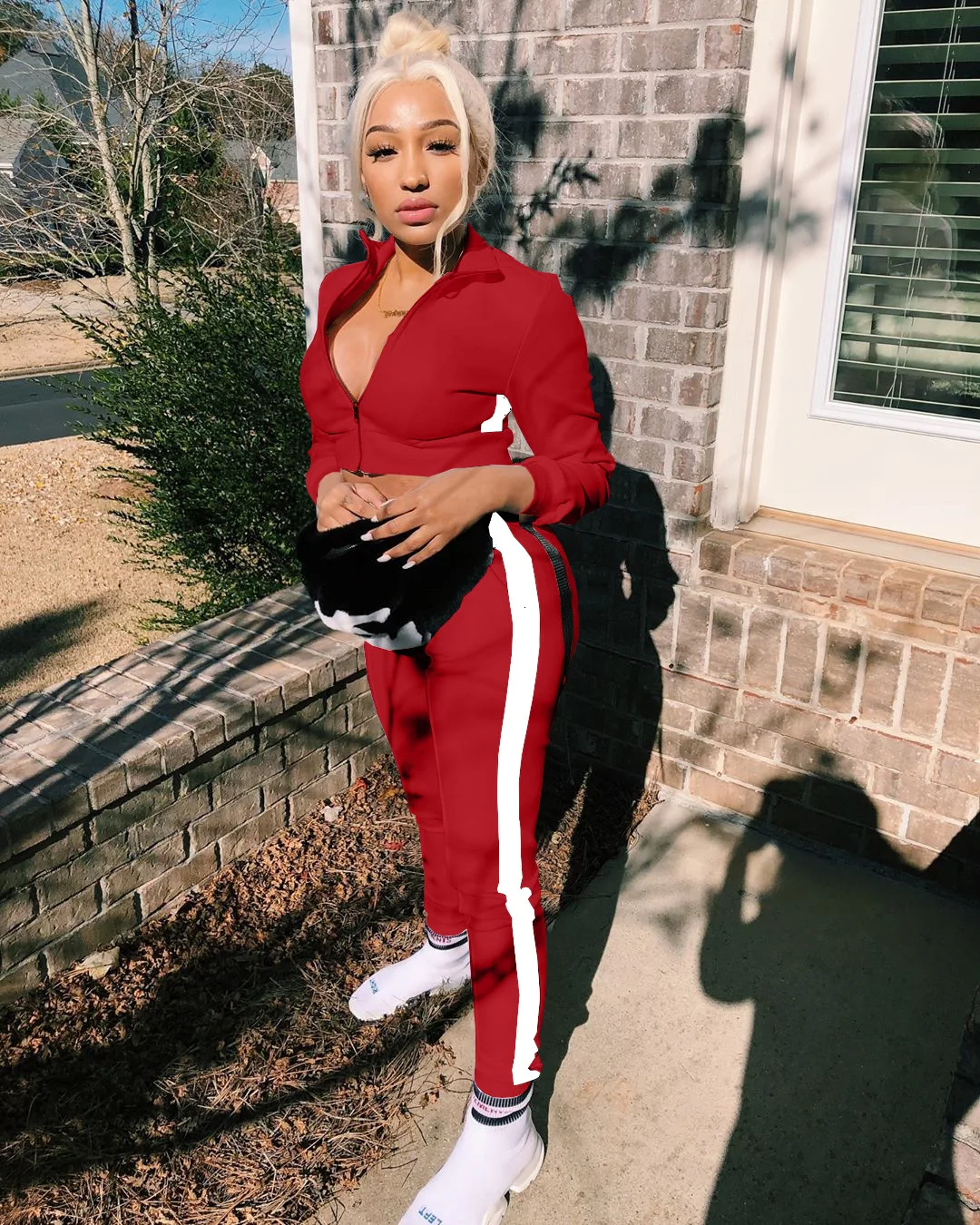 M211 high quality streetwear crop top zip up jacket and skinny jogger pants set fall 2023 two piece set women clothing