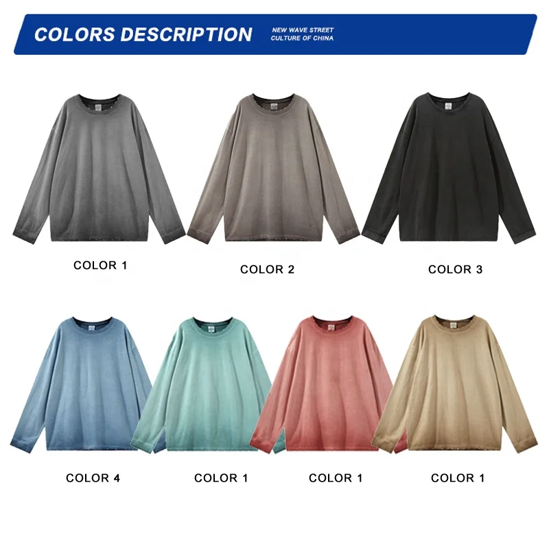 Wholesale Latest Custom gradient Color High Street Washed Casual Men's Round-neck Long Sleeve T-shirts