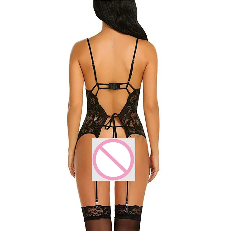 Sexy Lingerie Set Women Lace Panel Deep V Open Buttock Bowknot Cross