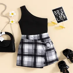 1-5Y summer toddler baby girls clothing sets one shoulder t-shirts tops plaid print shorts skirt 2pcs kids outfits
