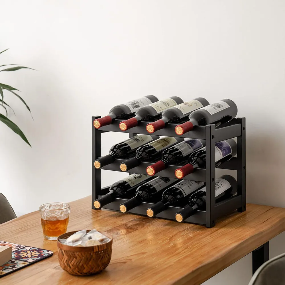 Modern 3-Tier 12 Bottles Bamboo Wine Rack Sturdy Durable 3-Degree Swivel Black Storage Cabinet Shelf for Countertop Pantry factory