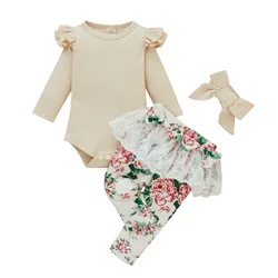 Newborn infant baby girl 3pcs clothing set long sleeve solid knitting rib romper+lace floral pants+headband outfits for baby