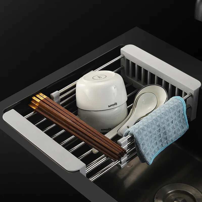 Adjustable Basket Utensils Holder Over The Sink Dish Drying Rack For Kitchen