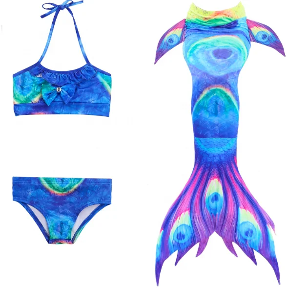 Girls Swimmable Mermaid Tail Swimwear Halter Bikini Set Costume Kids Beachwear 