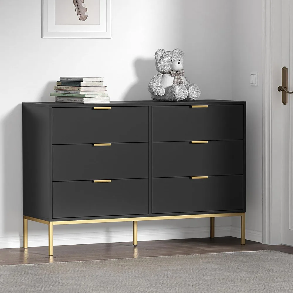 Modern 6-Drawer Dresser with Golden Handles Black Wood Storage Closet Organizers for Bedroom & Living Room factory