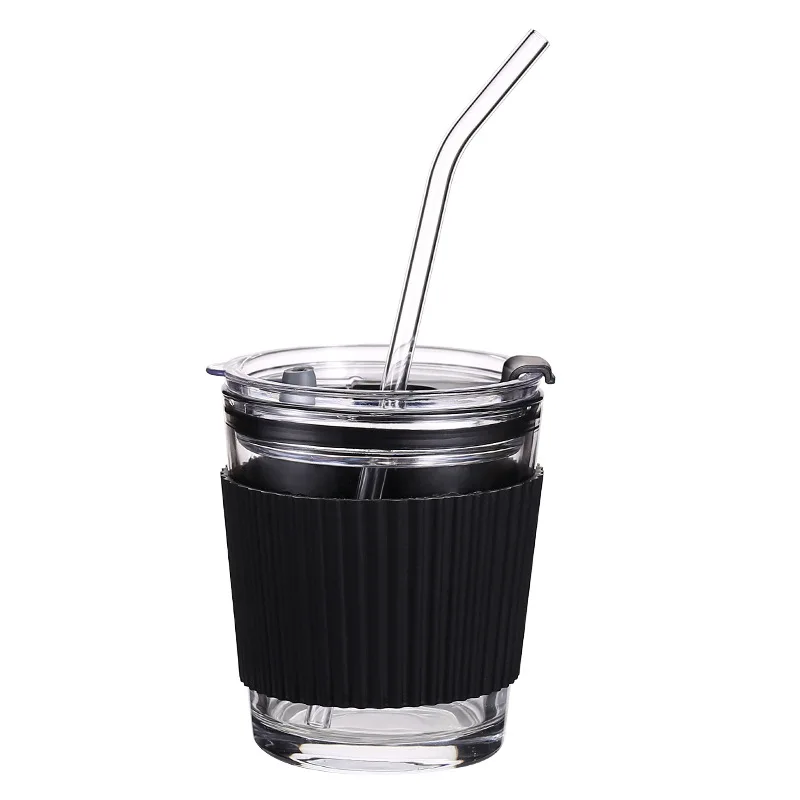 Factory Glass Coffee Cup Electroplate Color Customized Available Glass Tea Cups With Straw And Lid 350ml/450ml Capacity