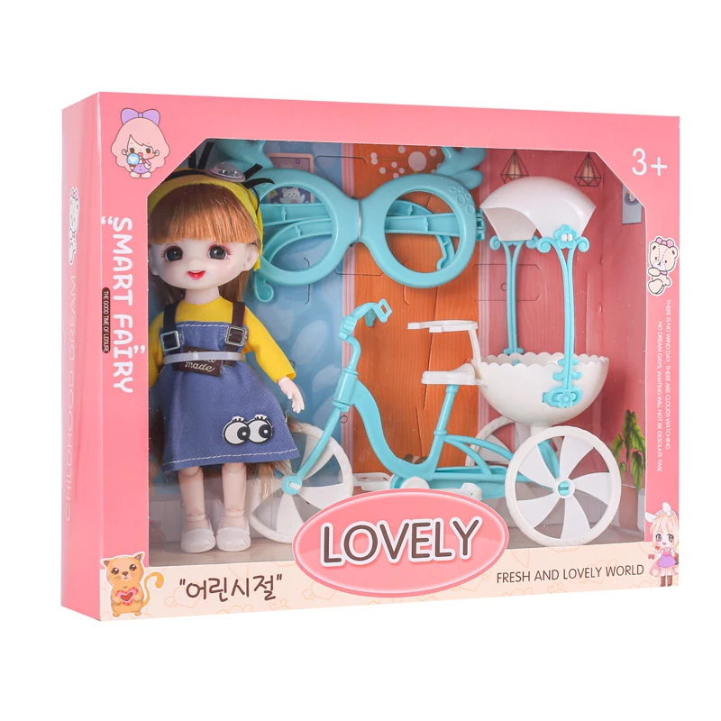 Big plastic glasses customized cartoon doll girl cartoon toy with tricycle