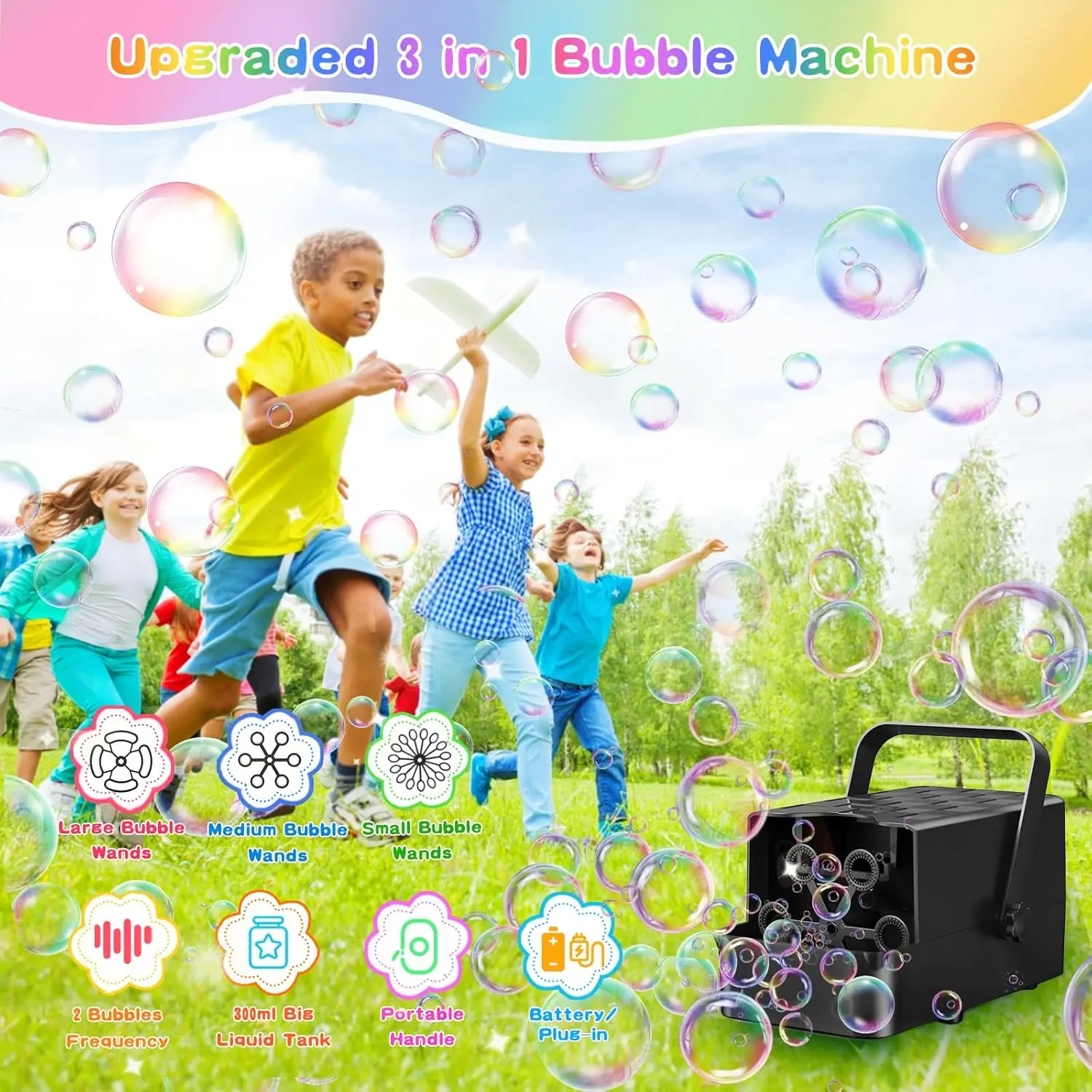 Automatic Bubble Machine, 3 In 1 Bubble Blower for Kids Toddlers, Portable Outdoor Bubble Maker Toys for Summer Party Wedding
