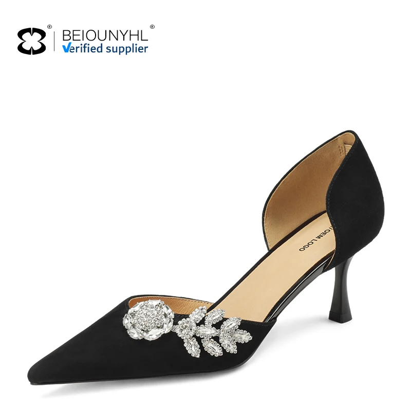 Custom genuine leather silver rhinestone pointed bag Heels 6.5CM Stiletto heels Luxury elegant summer black women sandals