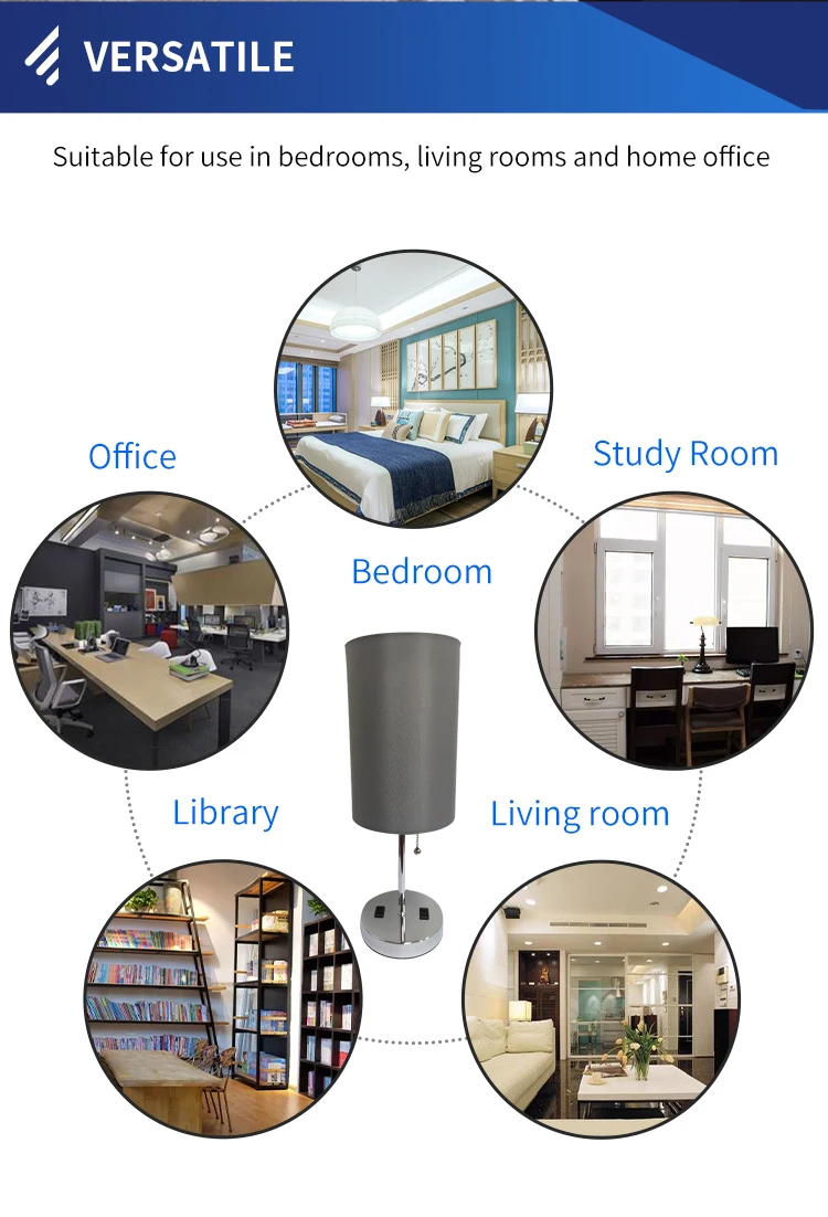 Gray lamp shade dual USB plug zipper switch iron cloth furniture table lamp