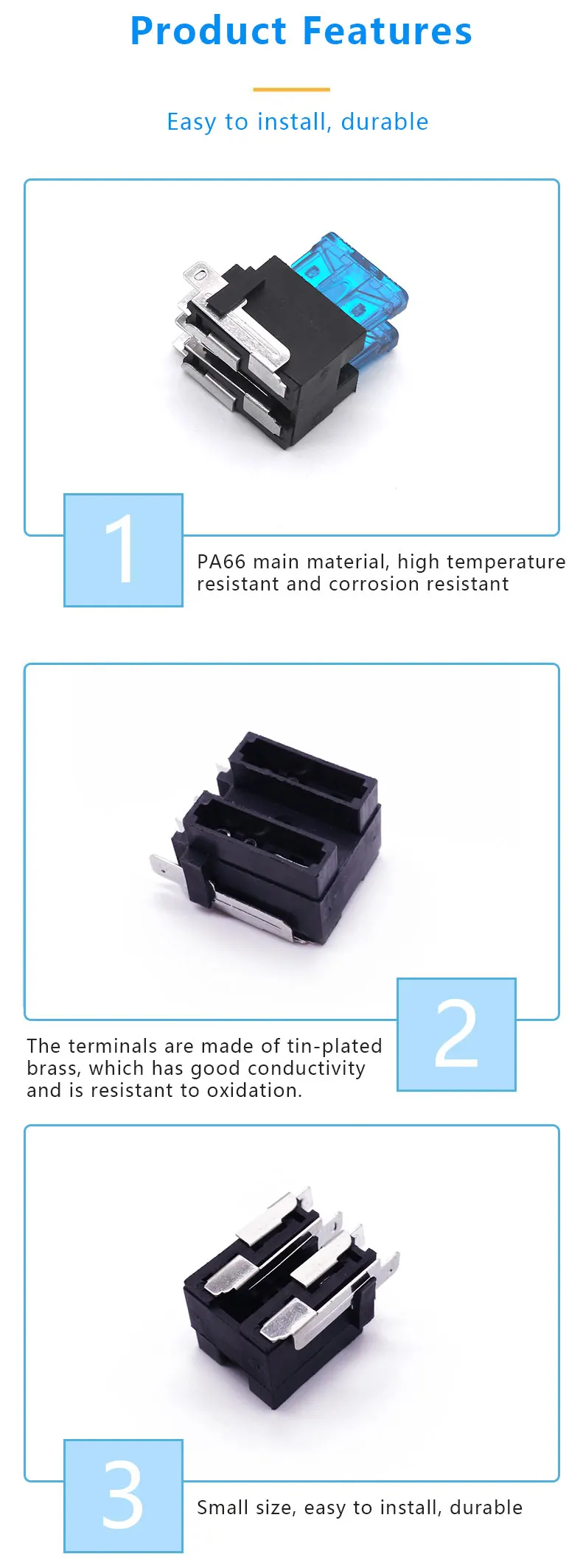 PA66 Plastic Black Brass Terminal PCB Mount Blade Fuse Holder for Automotive Applications