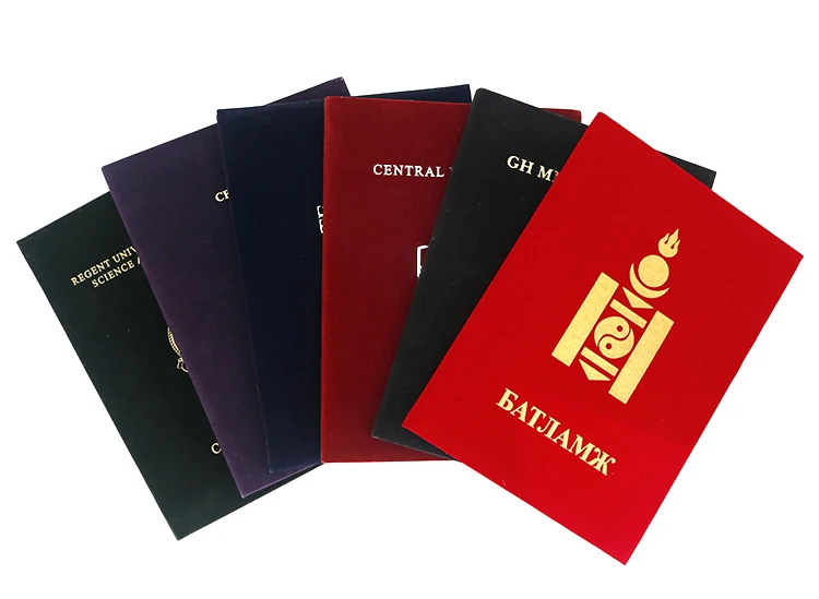 Mondon Custom Maroon A4 Velvet A3/A5 Diploma Cover Graduation Certificate Holder Folder with Sliver Foil Logo supplier