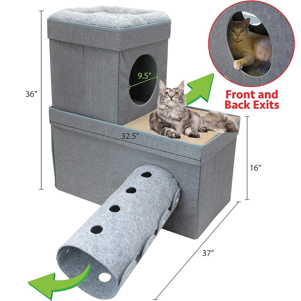 2-Storey Cat House for Indoor Cats Bed Covered Cat Beds & Furniture with Scratch Pad