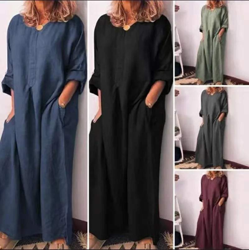 Woman Loose Hot Summer Casual Cotton linen maxi dress Women Clothing Solid Color Long Maxi Loose Dresses Casual Loose Style