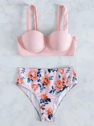 Sexy High Waisted Split Bikini Women's Swimsuit Pink Girls Tight Comfortable Beach Vacation Swimsuit