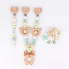 Amazon Hot Sale Pram Chain Baby Beech Wood Pacifier Chain Rattle Toy Wholesale Fox Clip Type Molar Bracelet