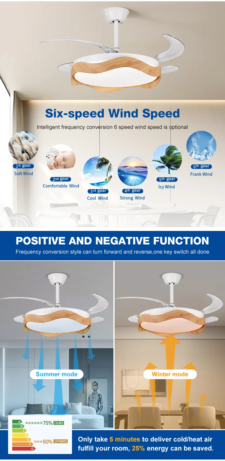 Outstanding Power Hot Selling 42 Inch Natural Wind Slient Bedroom Living Room Remote Control Dimmable 3CCT Invisible Led Ceiling Fan 2