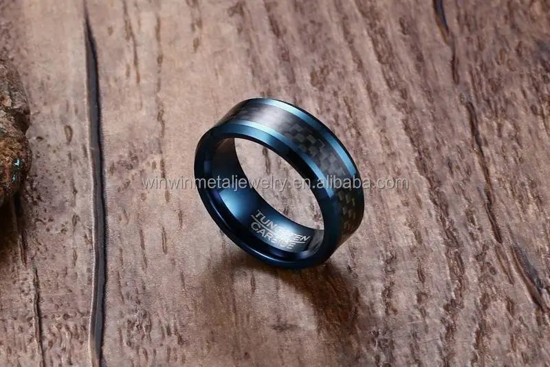 8mm Comfort Fit Tungsten Wedding Band Ring with Black Carbon Fiber Inlaid and Classic Gold Polished Finish