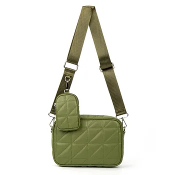 2022 Fashion Green Quilted Leather Handbag Coin Purse Set Women Nylon Shoulder Strap Plaid Shoulder Crossbody Bag And Wallet Set