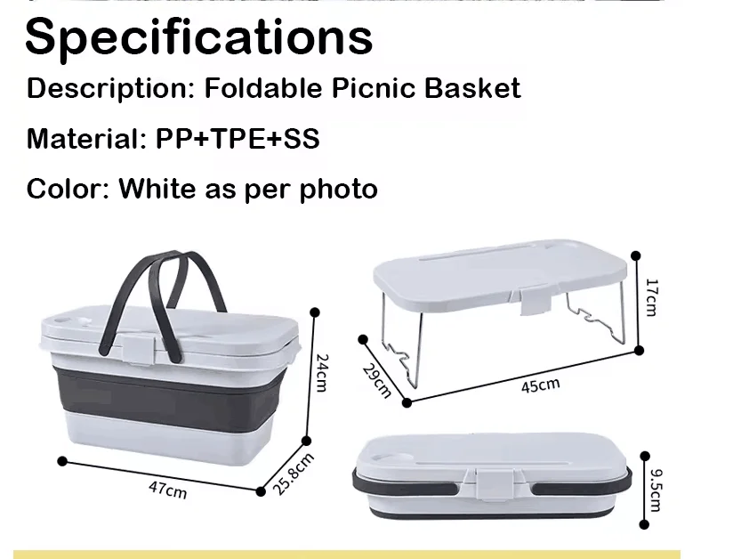 Long Handle Large Capacity Camping Plastic Outdoor Silicone Folding Picnic Storage Basket With Lid