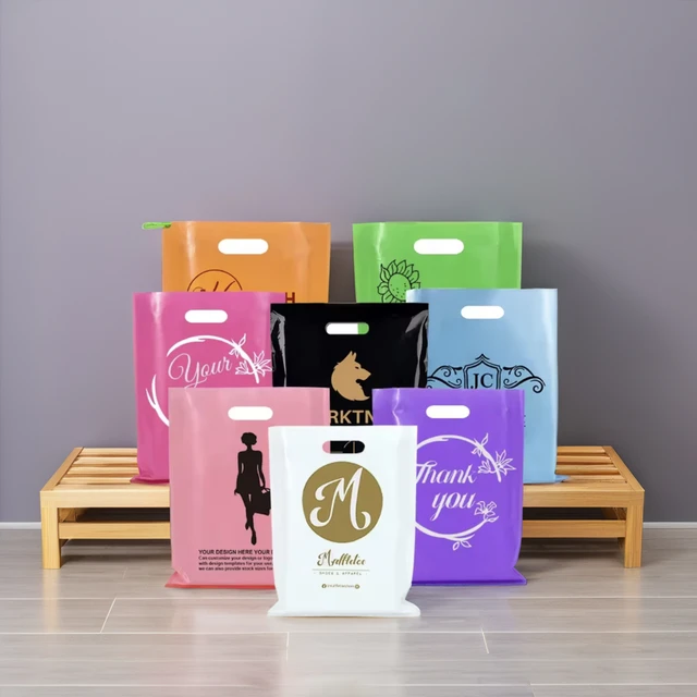 Custom logo printed fold plastic black thank you die cut handle carry shopping packaging bags for boutique retail shopping