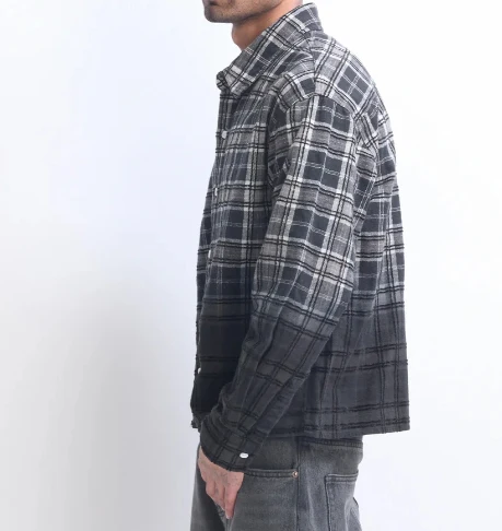 Streetwear Custom Casual Cotton Polyester Button Vintage Acid Wash Check Plaid Long Sleeve Shirts for Men details