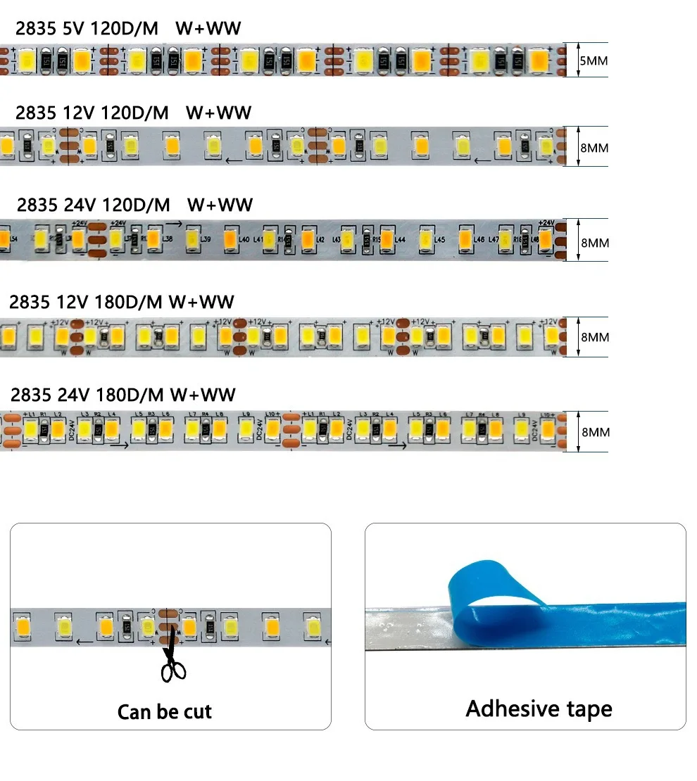 High Bright Dc12v 5v Thin Flexible Warm White Red Blue Green 120led Luces Led 2835 Led Strip Light  Led Tape Cintas 4mm 5mm