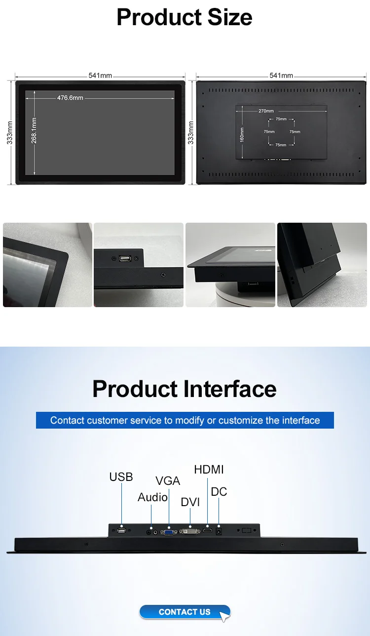 21.5 Inch IPS 1920*1080 Industrial Monitor HD-MI VGA Industrial LCD Display Metal Aluminum TFT Embedded Pure Flat OEM ODM Screen