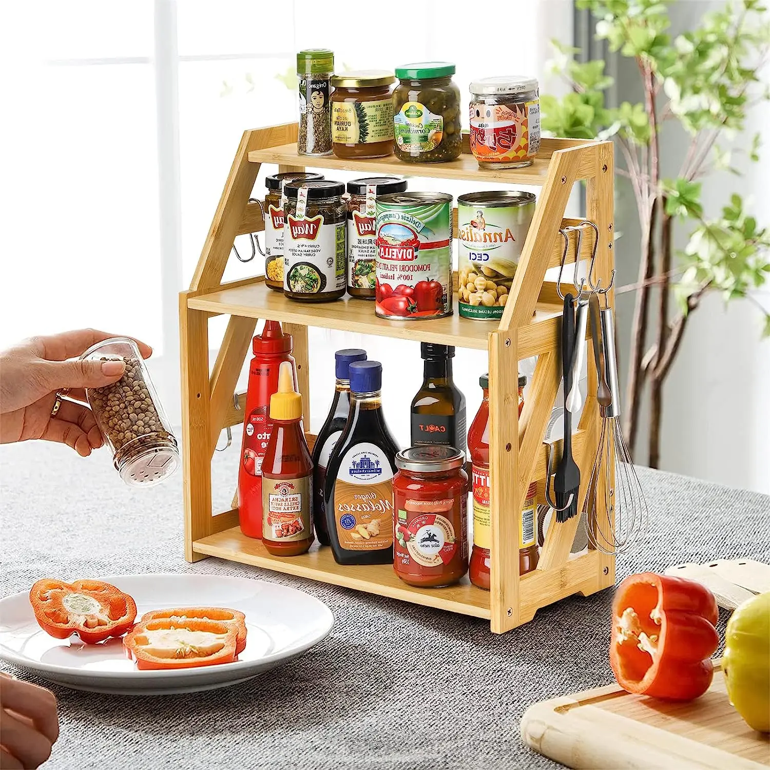 product 3 level bambu spice storage rack foldable and multifunctional food container for kitchen counter garage sundries storage-3