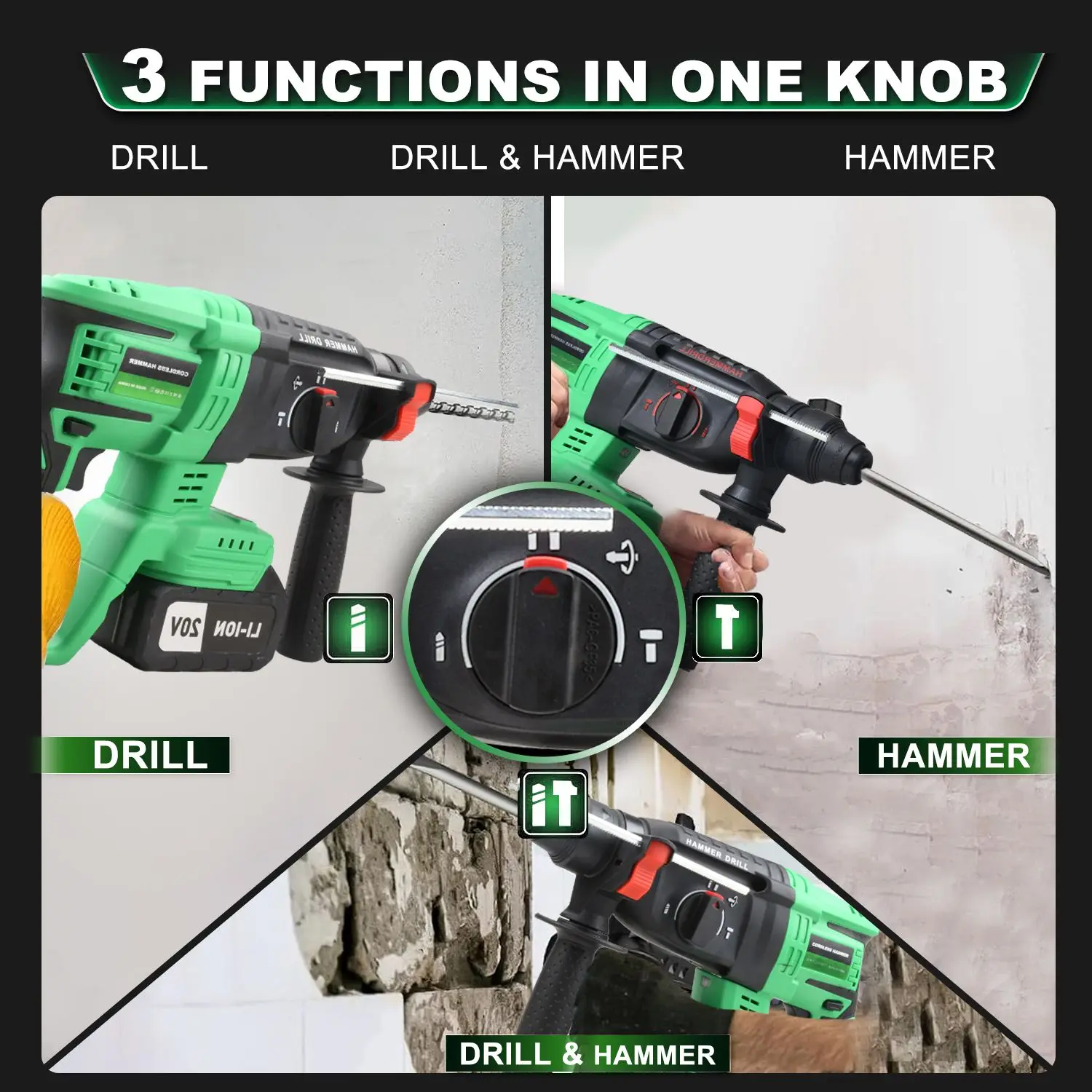 20V Cordless Hammer Drill, Electric Rotary Hammer for Demolition and Drilling
