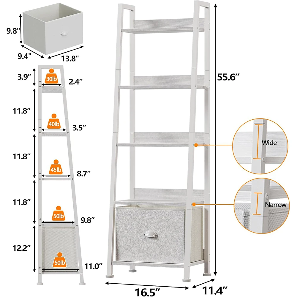 5-Tier White Ladder Bookshelf Removable Drawer Modern Wood Metal Freestanding Storage Shelves for Living Room manufacture