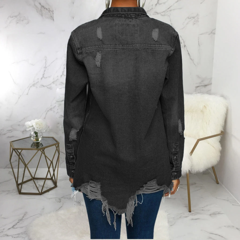 Hot Selling Women's Casual Long Sleeve Denim Shirts Loose Fit Ruffled Collar Solid Pattern Blouse Top Direct Wholesales details