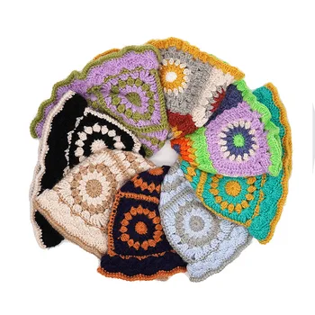 New Ins Fashion Handmade Knitted Beanie Hats Fancy Flower Girls Women Thick Warm Crochet Woolen Hat