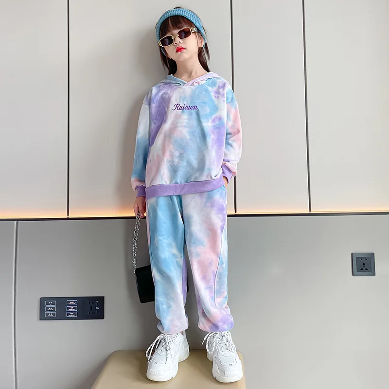 2022 Children autumn winter tie-dye clothes 2pcs sets big girls hooded tracksuit big kids fall boutique tracksuits for 3-14years