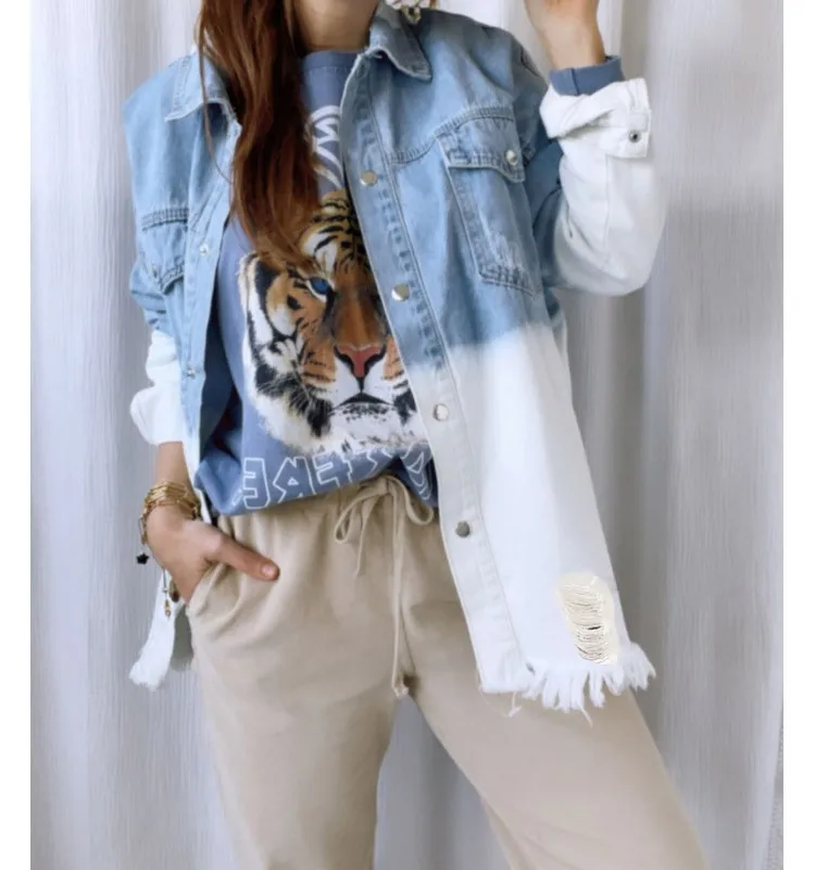 Women's Vintage Ripped Long Jean Jacket Coat Button Denim Jeans with Cotton Filling Breathable Solid Pattern supplier