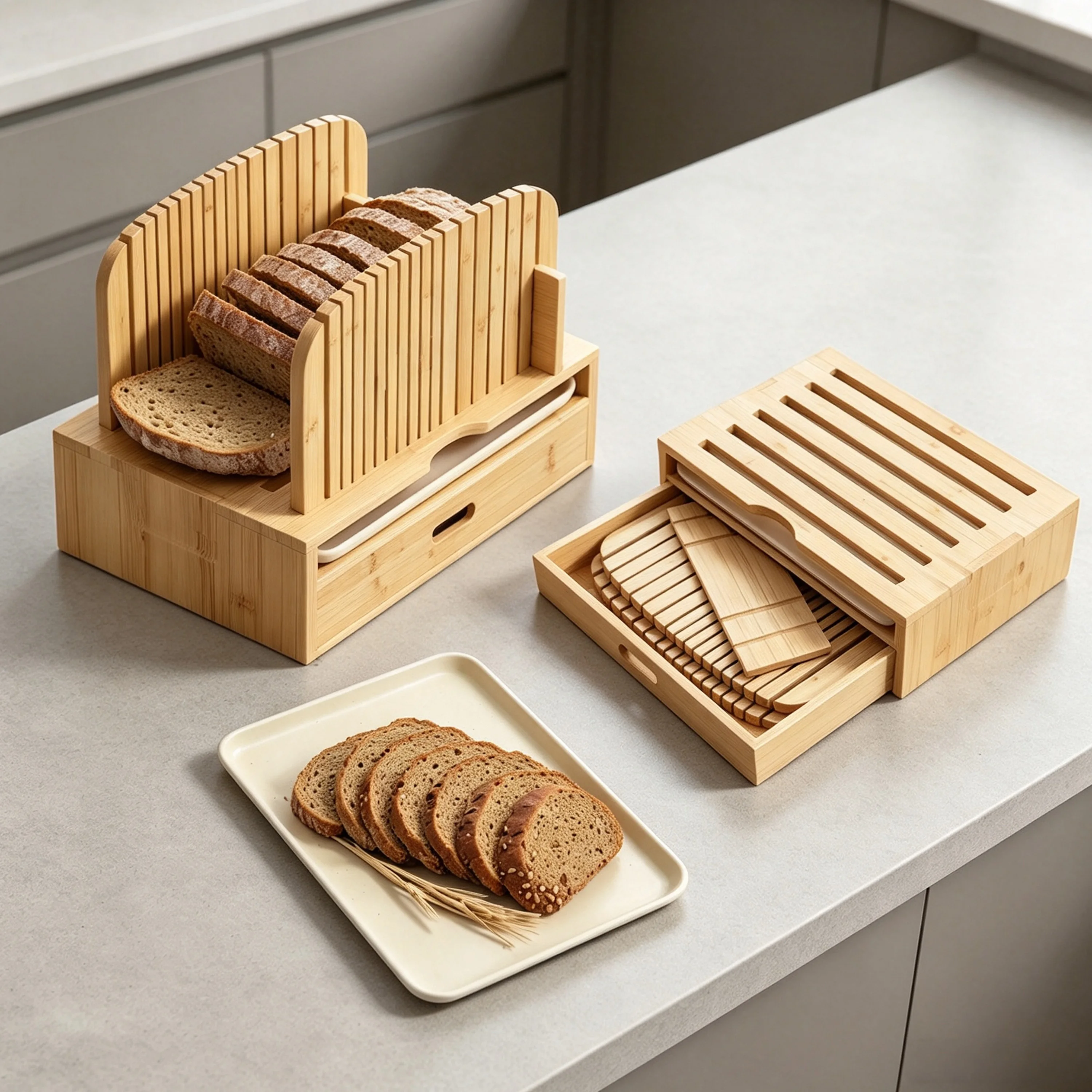product bamboo bread slicer for homemade loaf foldable bread cutter with crumb tray storage drawer for bakery wholesale-2