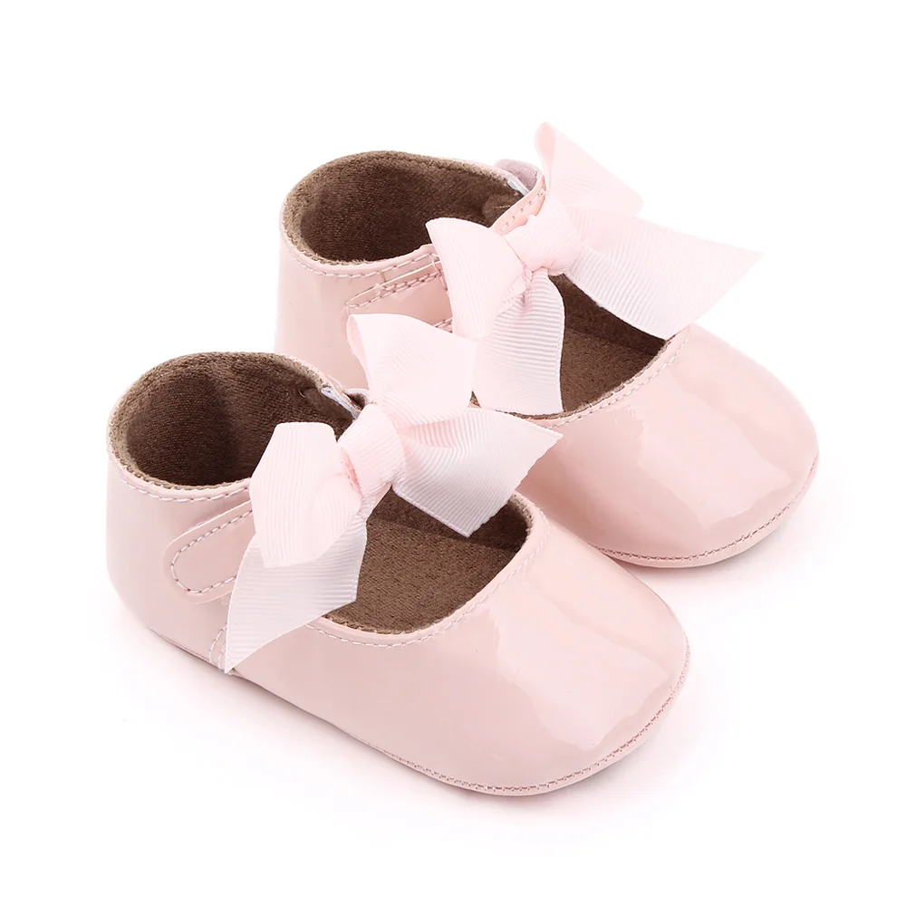 Solid Color PU Leather Top Big Bow Baby Girls Princess Soft Soled Non-slip Toddler Shoes factory