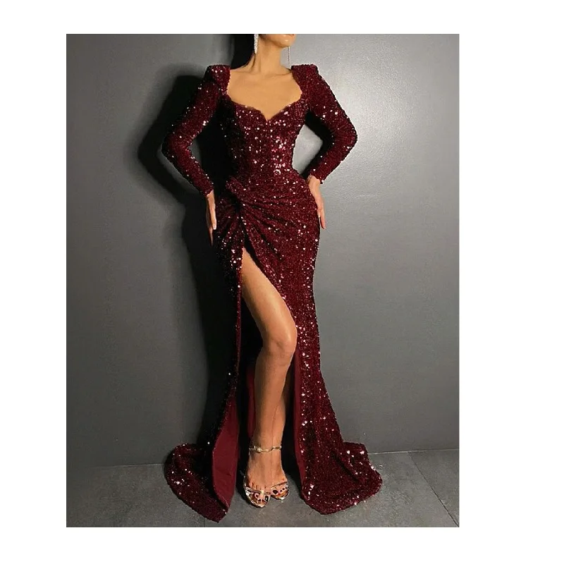 Burgundy Sequin V Neck Long Sleeve 