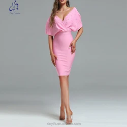 New Fashion  Elegant Women's Pencil Bodycon Party Dress V -Neck Pink Midi Cocktail Pearl Solid Beading