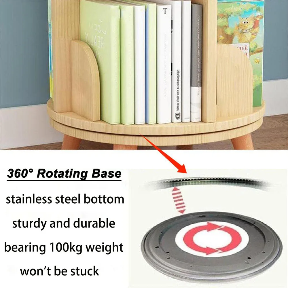 Modern 3-Tier Rotating Bookshelf with 360 Display Wood Panel Standing Kids Bookcase with Legs details