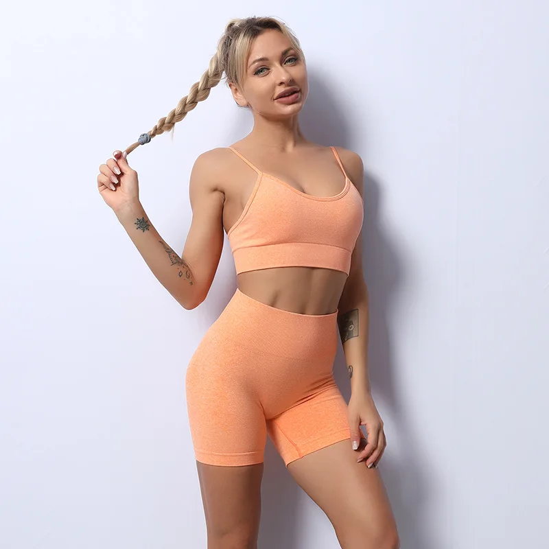 Lulu High quality tight seamless yoga suit for women suspenders Push-up exercise Fitness bra Yoga vest peach butt Yoga shorts