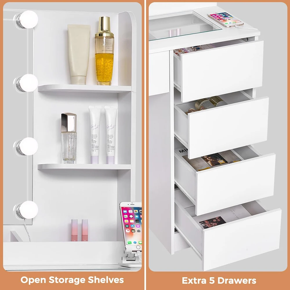 Small Modern 35.4\" Vanity Table Set Lighted Mirror Power Outlet 5 Drawers Shelves 3 Lighting Colors Makeup Vanity Desk Glass supplier